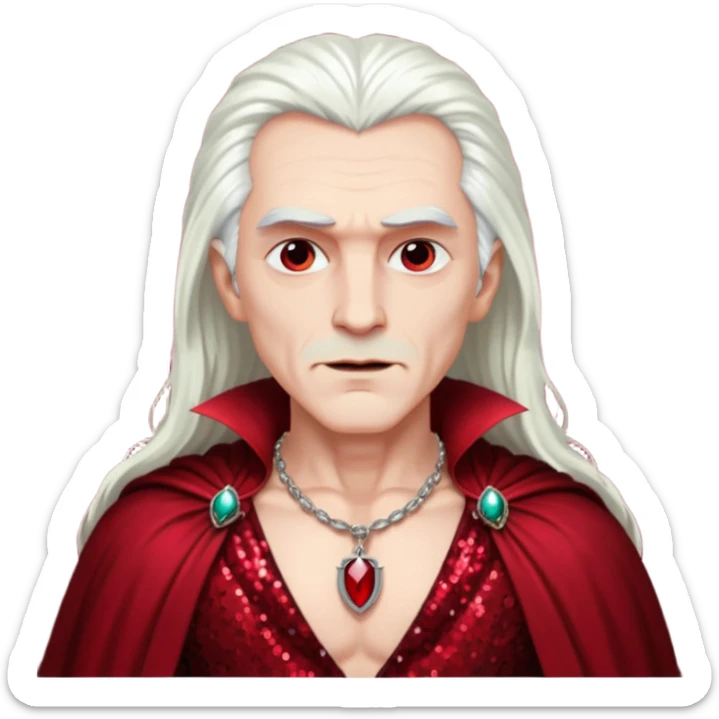 Dracula with long white hair, dark red sequin baggy pants, shirtless with necklace, dark red sequin cape sticker