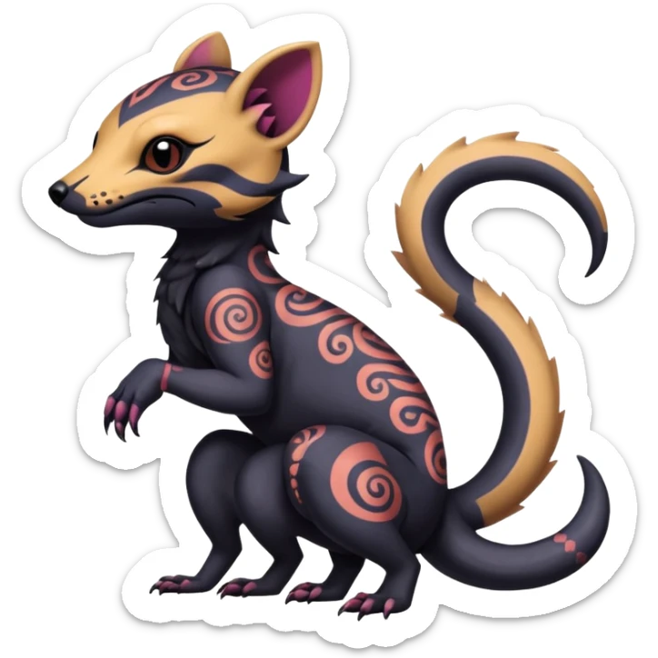 Rare warm-colored exotic gloomy tropical edgy cute epic aesthetic spooky  gothic colorful Salandit-Noibat-Civet-species-Fakemon-hybrid-creature, with tribal tattoo markings, full body sticker