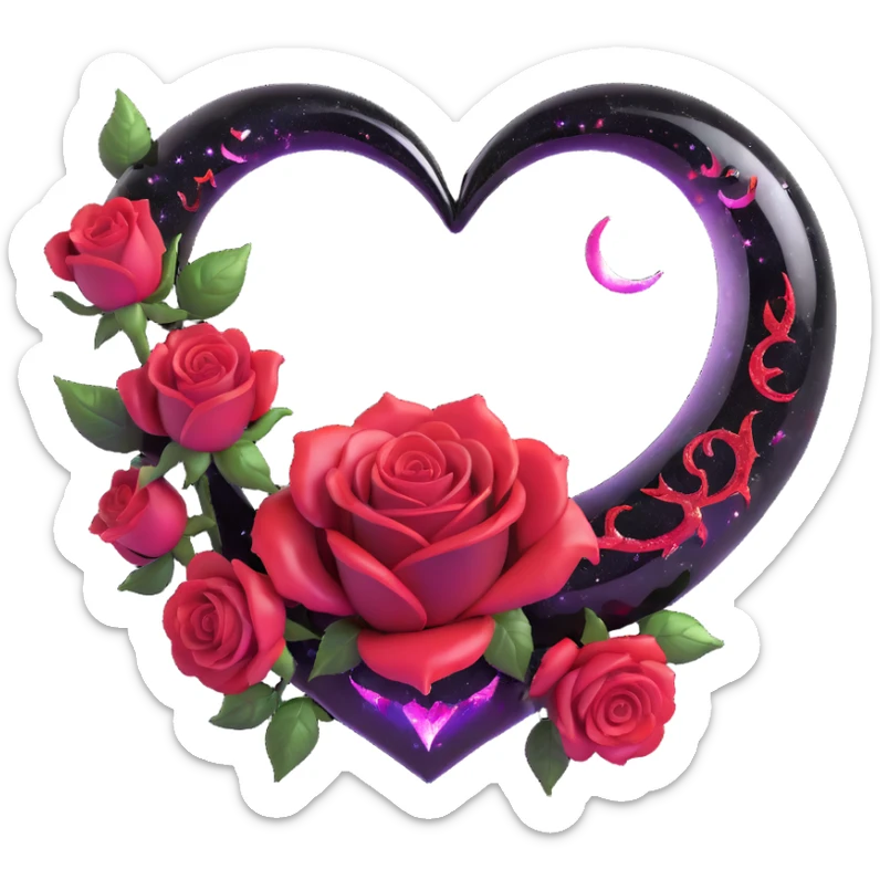 gothic heart made of obsidian glass, silver crescent moon, crimson roses, holographic stardust, neon red lightning, wet and cracked glass sticker