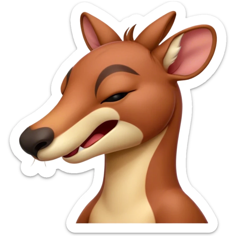 Cinematic Cute Yawning Adult Red Kangaroo Portrait Emoji, Head tilted slightly with a dramatic, wide-open yawn, showcasing a sturdy, reddish form with a distinct red kangaroo-shaped head, a relaxed elongated snout, and sleepy, half-closed eyes, Simplified yet irresistibly adorable features, highly detailed, glowing with a soft, cozy outback glow, high shine, relaxed yet expressive, stylized with a dash of whimsical charm, soft glowing outline, capturing the essence of a drowsy yet affectionate kangaroo that appears ready to stretch and yawn its way out of the screen! sticker