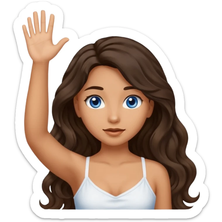 Girl with olive skin, blue eyes, brown dark insanely wavy long hair, white camisole, raising hand sticker