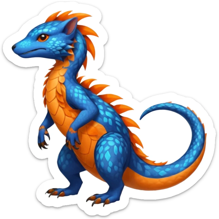 Colorful brown with blue and orange tropical exotic shiny beautiful fantasy-Salandit-Cacomistle-oncilla-animal-Fakémon-hybrid-fursona (full body) sticker