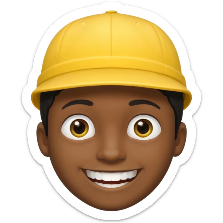 A man with dark skin tone, wearing a bright yellow cap, short black hair mostly covered by the cap, large brown eyes, and a wide smile showing his teeth. sticker
