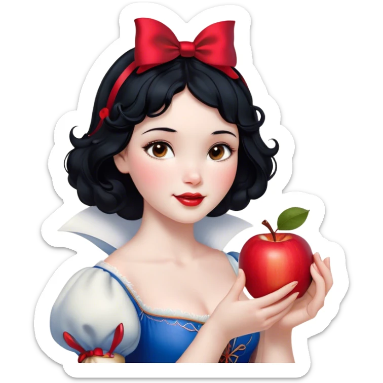 Cinematic Realistic Snow White Portrait, depicted with lifelike skin texture, soft natural lighting, and intricately detailed black hair styled with a red ribbon. Her soft brown eyes radiate innocence and kindness, complemented by a warm, gentle smile. She holds an apple in one hand, her other hand resting against her cheek, embodying her purity and charm. She is dressed in her classic yellow, blue, and red gown, the fabric rich in texture with delicate folds that catch the light beautifully. The portrait features a soft, natural glow with a radiant finish, capturing the essence of timeless beauty in a realistic and painterly style. sticker
