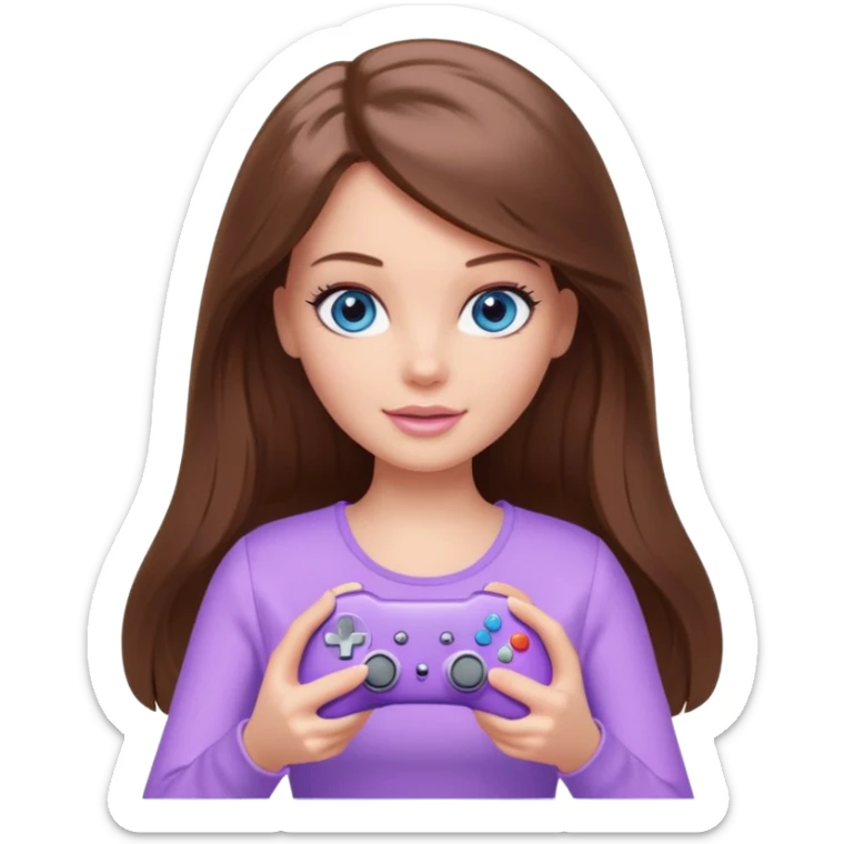 beautiful barbie girl with long brown hair, blue eyes and wearing light purple clothes playing console games with controller sticker