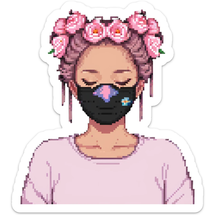 Pixel art girl sleeping with pink beauty face mask, hair in messy bun, self care sticker