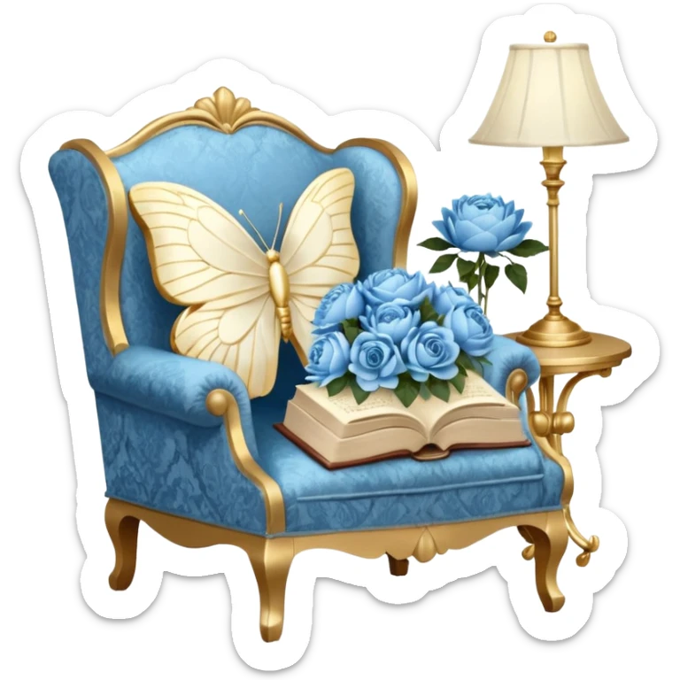 A cozy vintage-inspired reading nook, with an overstuffed ivory armchair, a golden reading lamp, and a bouquet of soft blue roses, white peonies, and dahlias resting on a small lace-covered side table, as a pearl butterfly gently rests on the open book.  sticker