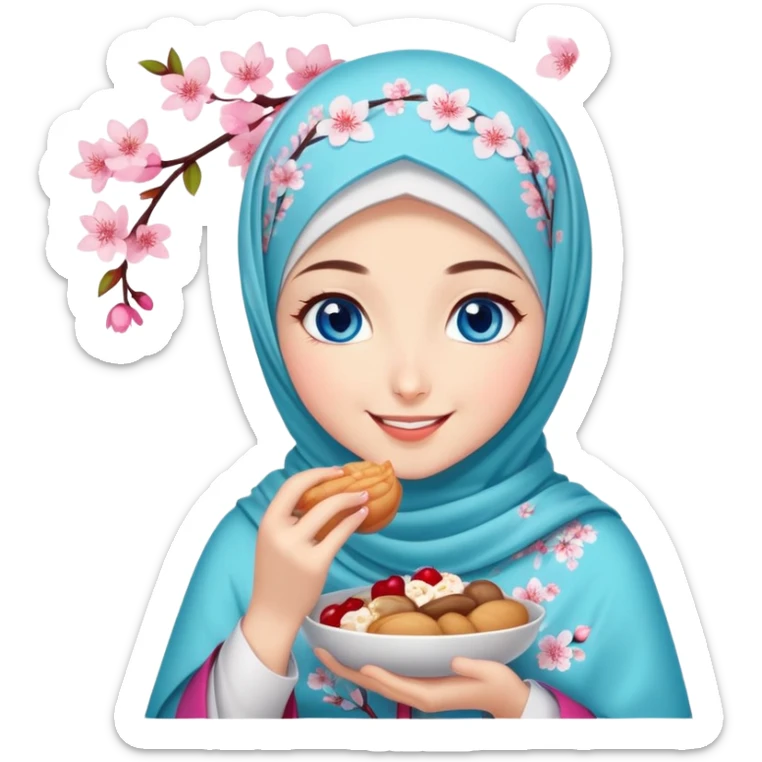 Turkish beautiful finish Konya girl blue eyes with cherry blossom floral hijab islamic dress and she’s savouring delicious food face sticker