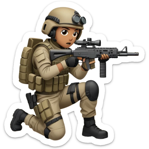 A skilled airsoft player in tactical gear, aiming a gun and shooting metal BBs in a desolate, ruined landscape. The setting is filled with broken walls and debris, creating a tense atmosphere of strategy and precision in a high-stakes tactical environment sticker