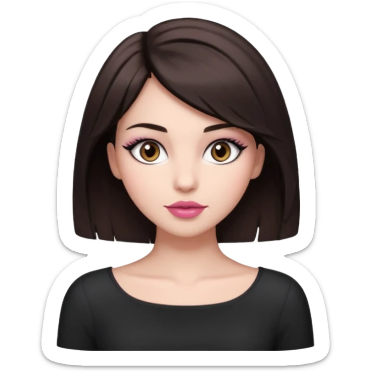 my hair is dark brown almost black, reaching my waist. the haircut is wolfcut, pretty lasher hut not thick. slightly pink lips. sticker