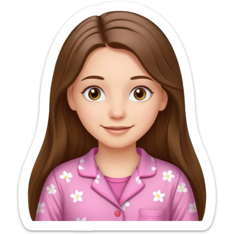 happy white long brunette hair girl with hazel eyes and in pink pajamas sticker