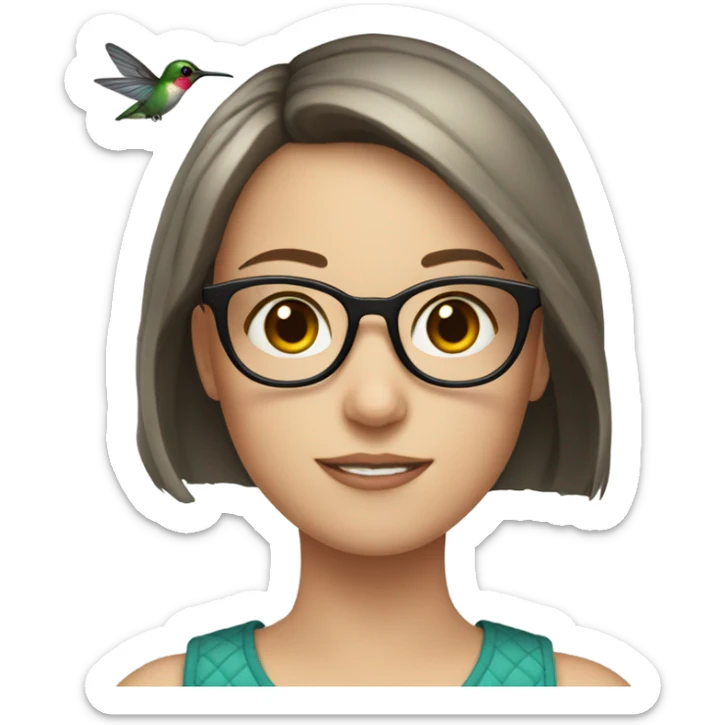 Girl pale , brunette, with short hair, wearing glasses with a hummingbird next to her sticker