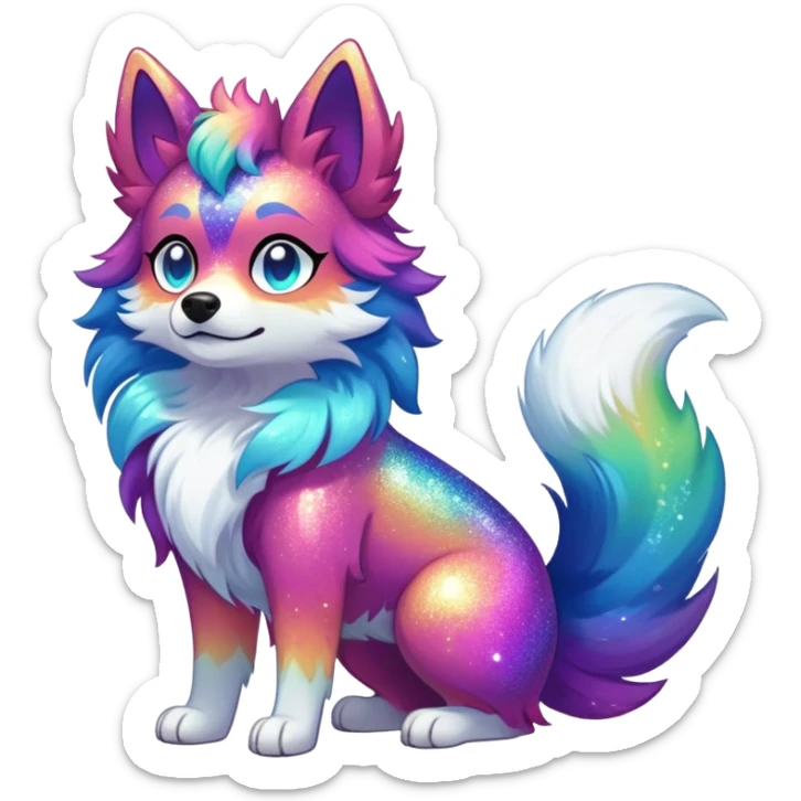 Vibrant multicolored Falvie-Fionbri-creature-sparkle-dog-fursona, full body sticker