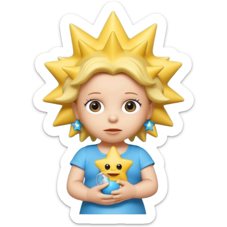 A 3D cartoon close-up of Maggie Simpson, baby from The Simpsons, rendered in Memoji-style with smooth yellow skin, spiky star-shaped hair, blue pacifier, and simple shading. Bright studio lighting, cinematic close-up framing consistent with Bart, Marge, Homer, and Lisa. sticker