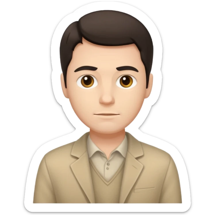 A white man with dark hair and beige clothes sticker
