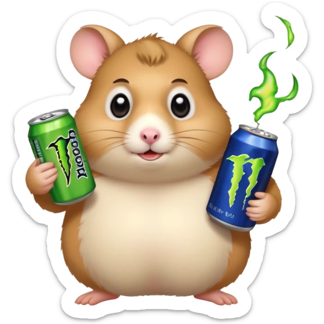 Funny cartoon-style fat hamster with big wide eyes  holding a can of monster energy in one hand and redbull in the other hand sticker