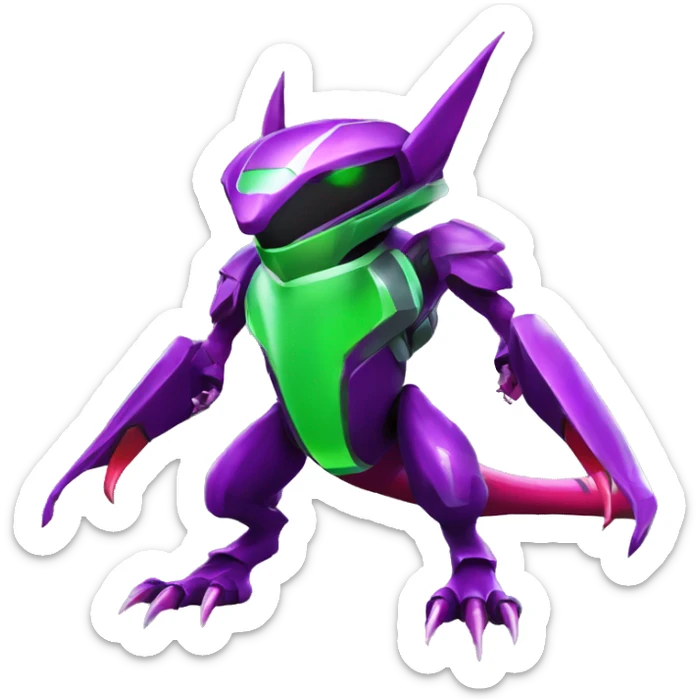 a shiny purple-green-red Genesect-Raptor-Fakémon—hybrid with a futuristic visor-helmet full body sticker