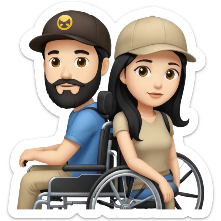 Beige skin man with a beard and cap in a wheelchair and a dark brown skin woman with long black hair in a wheelchair  sticker