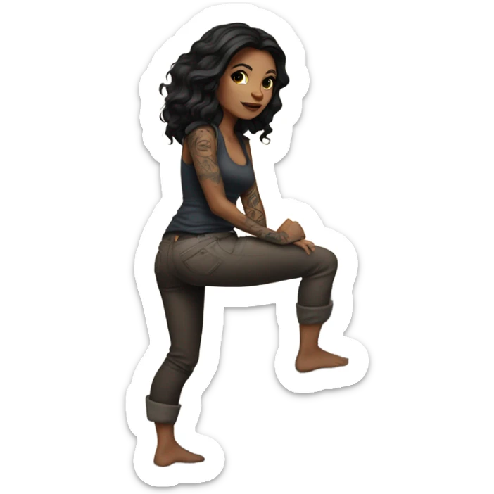 Beautiful tattooed woman dark brown hair climbing rocks sticker