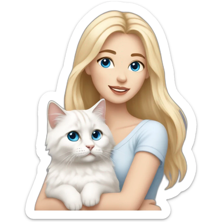 woman with blonde hair and holding a all white Siberian cat with blue eyes sticker