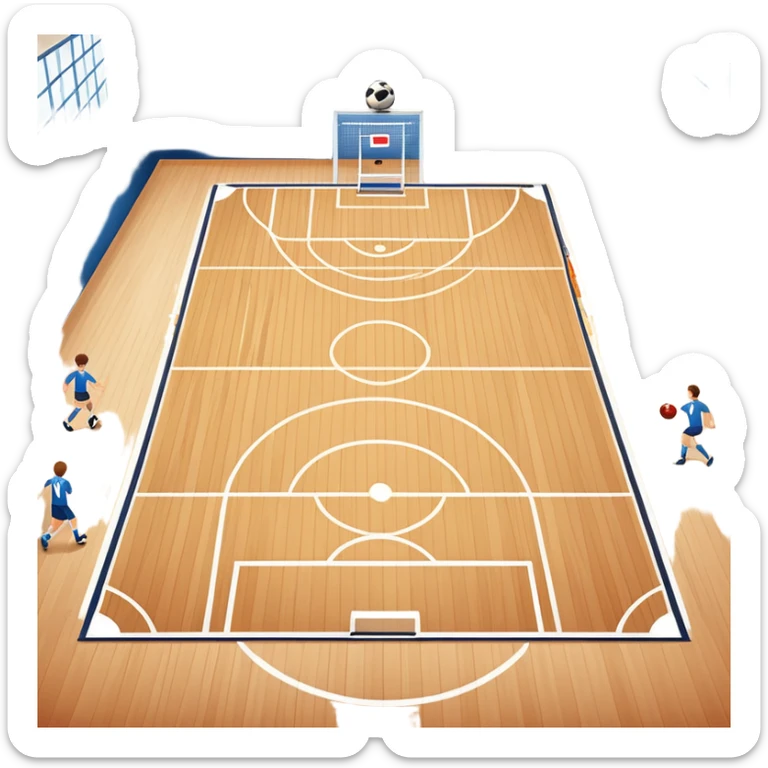 A mini-football match in an indoor sports hall with a wooden floor and clear court markings. The scene captures players in action, with the ball moving towards the goal, and the surrounding bleachers and overhead lights adding to the atmosphere of a competitive game. sticker