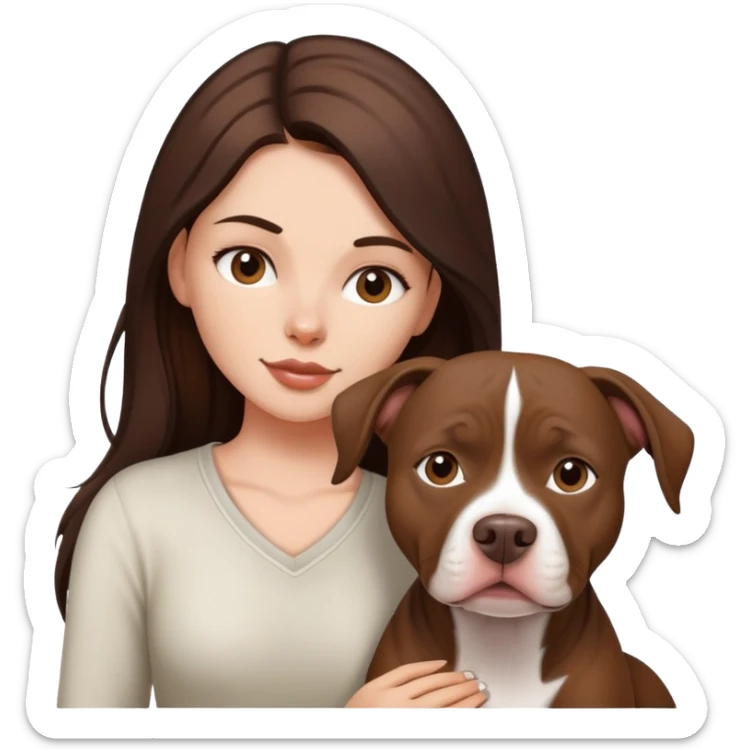 girl with dark brown long hair with her pitbull dog brown and white sticker