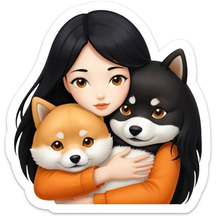 A beautiful girl with long black hair hugs a Shiba Lnu sticker