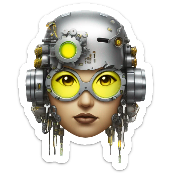 Fat Caucasian female cyborg head with Neon yellow bobbed hair, silver steampunk goggles and circuits sticker