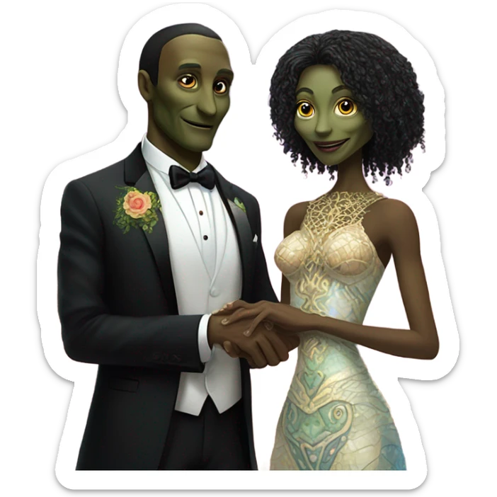 Alien reprilian woman in wedding dress and one humman man in a tuxedo holding hands getting married sticker