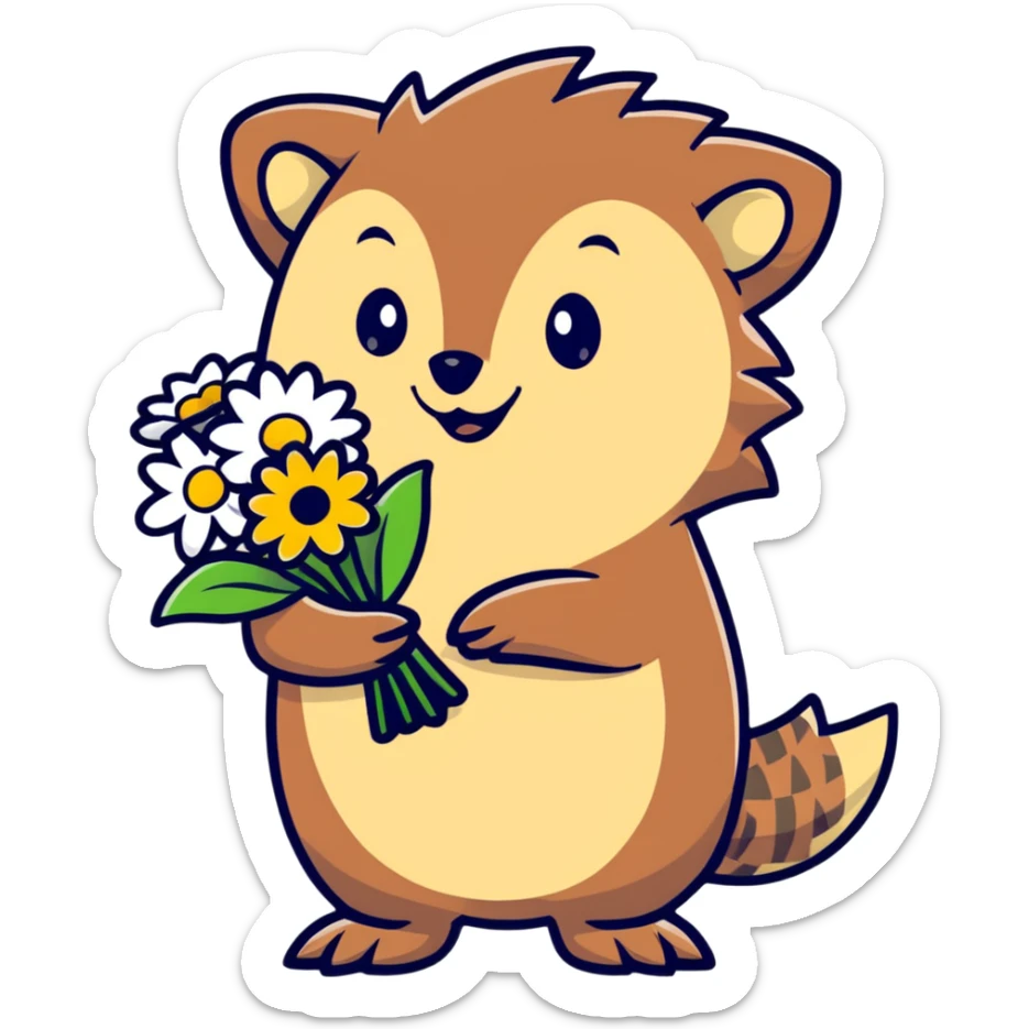hedgehog holding a bouquet of daisy flowers sticker