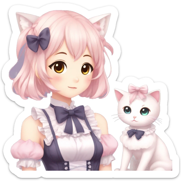 Gorgeous anime style catgirl with blushing face with maid outfit bow tie idol model kawaiicore pearly petite simplistic aesthetic trending style sticker