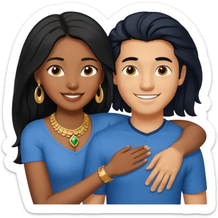 smiling embracing interracial couple from waist up. ebony woman with long hair and jewelry. brazillian man short hair wearing blue. sticker