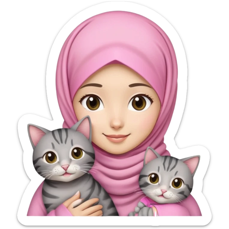 Asian white girl wearing pretty pink hijab holding a black grey tabby cat with smiling sticker