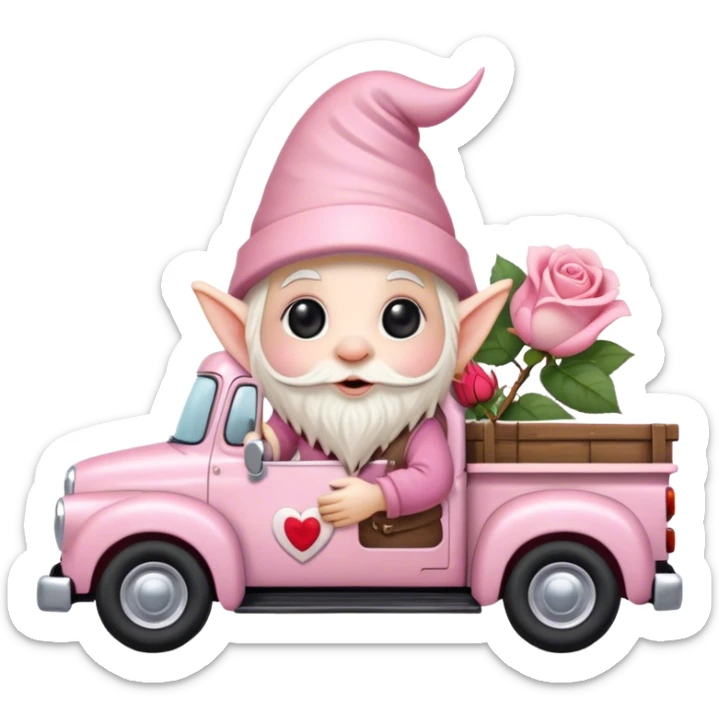An adorable little pale pink Valentine’s Day style gnome with large glistening eyes, holding a rose with hearts in the background riding in the back of a beat up old pick up truck sticker