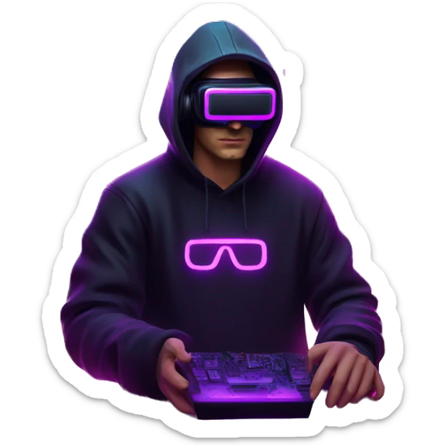 Russian man wearing a black hoodie with "OMG" letters on it and VR headset in a cyberpunk VR environment with violet neon lighting. sticker