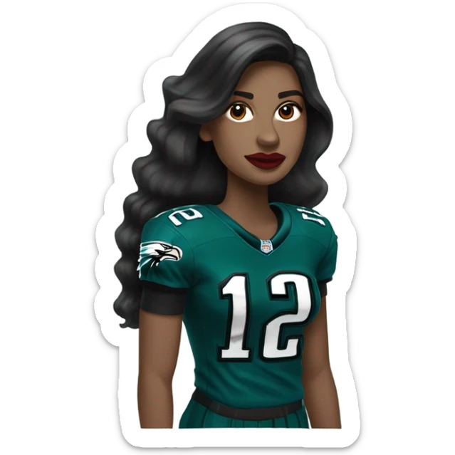 White female long dark hair red lips wearing Philadelphia Eagles jersey sticker