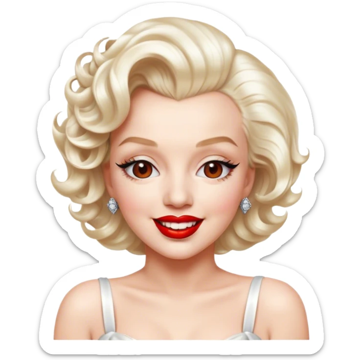 Cinematic Realistic Marilyn Monroe Emoji, featuring a glamorous, high-detail portrayal of the legendary Hollywood star. Her iconic platinum curls, radiant smile, and signature red lips are illuminated by dramatic, vintage-style lighting, evoking the timeless allure of classic cinema. sticker