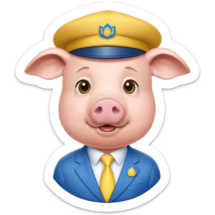 pig body with President Zelensky's face wearing a hat with yellow and blue colors sticker