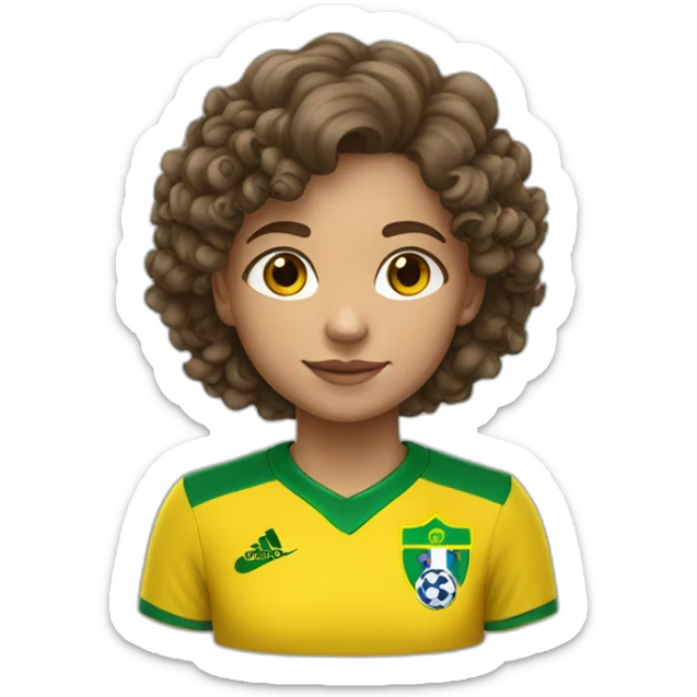 A White 12 years old girl with curly vers brown hair wearing Brazil football shirt sticker