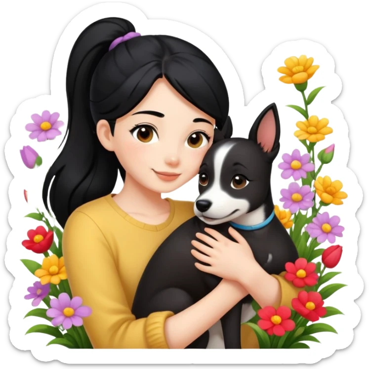 A beautiful girl with black ponytail happily hugs a dog in the flowers sticker
