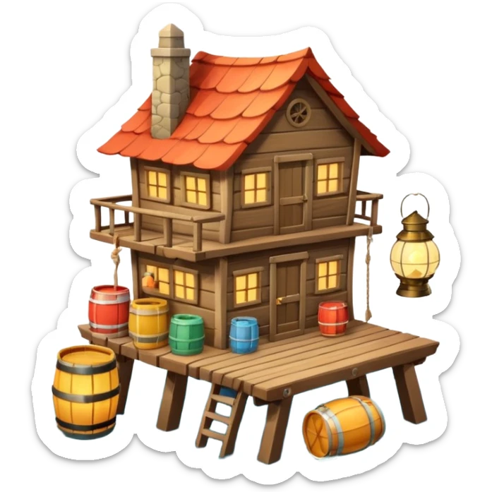 
fisherman house on a wooden pier, small dock, fishing nets hanging, barrels, lantern, ocean vibe, 3D cartoon, cute mobile game icon, clean background, no text
 sticker