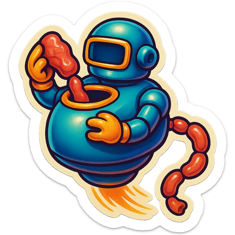 a robot that uses arms to put meat in large hole on top. sausage links come out robots rear. no legs on robot. robot hovers. robot feeds itself meat sticker