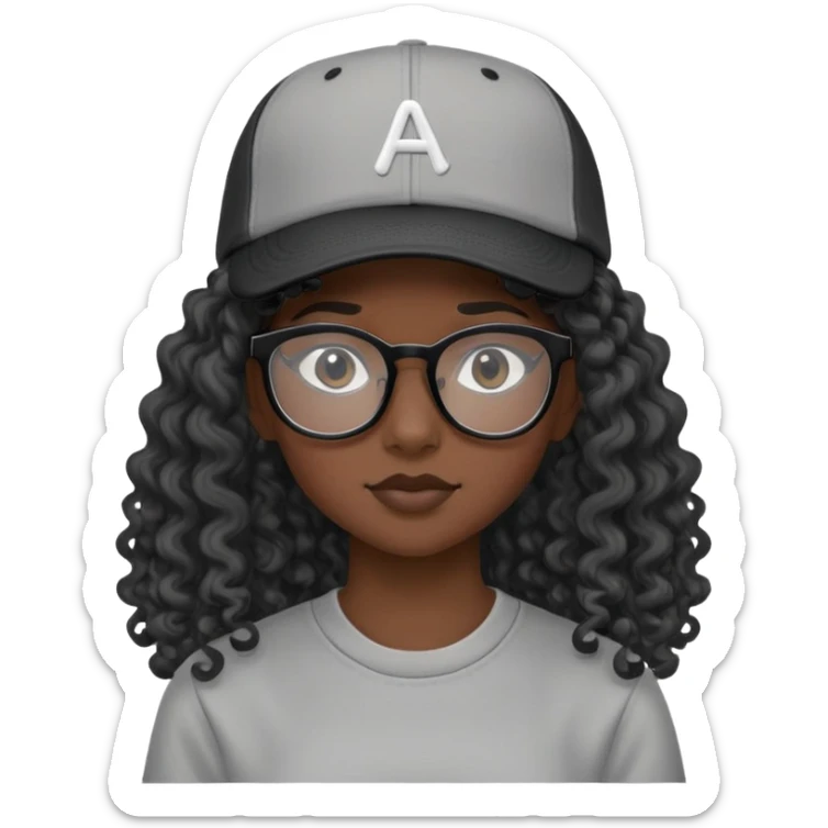 15 years old female, black skin, black framed glasses, long hair (black, curly), backwards baseball cap, gray shirt sticker