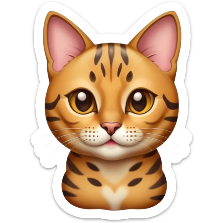Cinematic Cute Bengal Cat Portrait Emoji, Playful and charming, sleek spotted brown and gold tones, Simplified yet adorable features, highly detailed, glowing with a warm, friendly glow, high shine, curious and affectionate, stylized with a touch of whimsy, bright and alert, soft glowing outline, capturing the essence of a mischievous yet loving kitten, so endearing it feels like it could pounce out of the screen and play! sticker