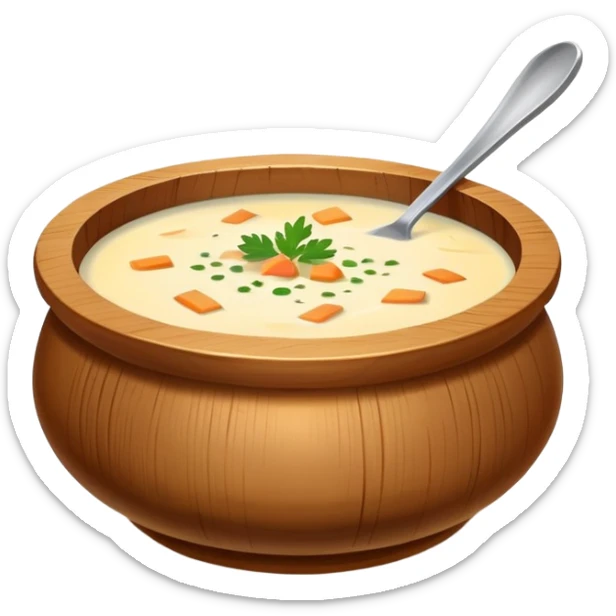 Pot of creamy soup in a wooden bowl￼ sticker