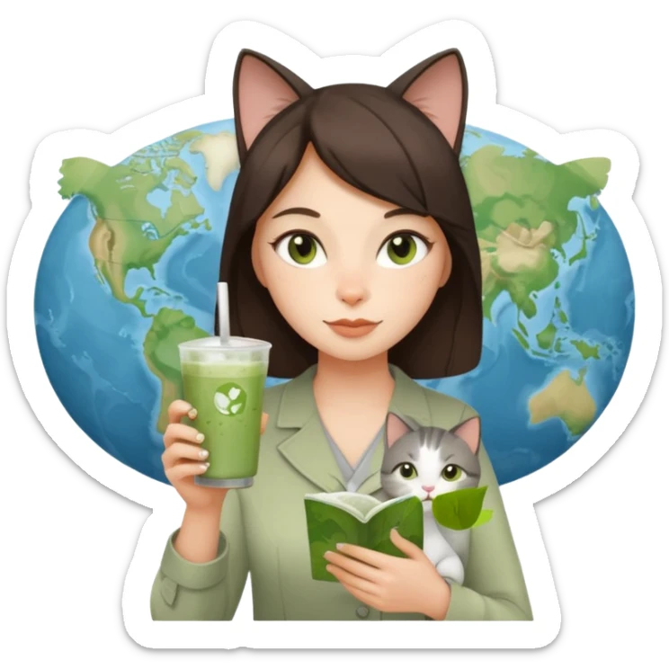 a brunette woman in here 30S drinking an iced matcha, carrying a grey cat and a map of the world sticker