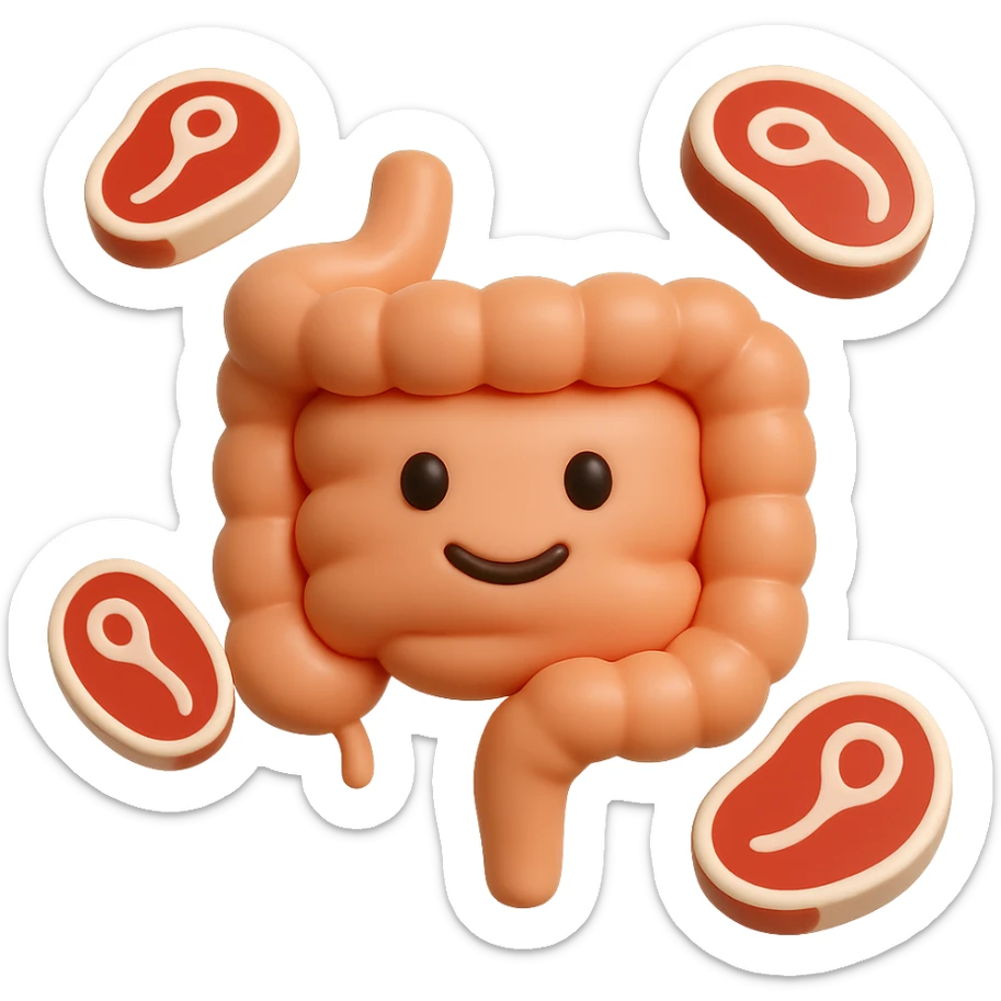 emoji stile iphone in 3d di un intestino con fette di carne che gli fluttuano intorno sticker