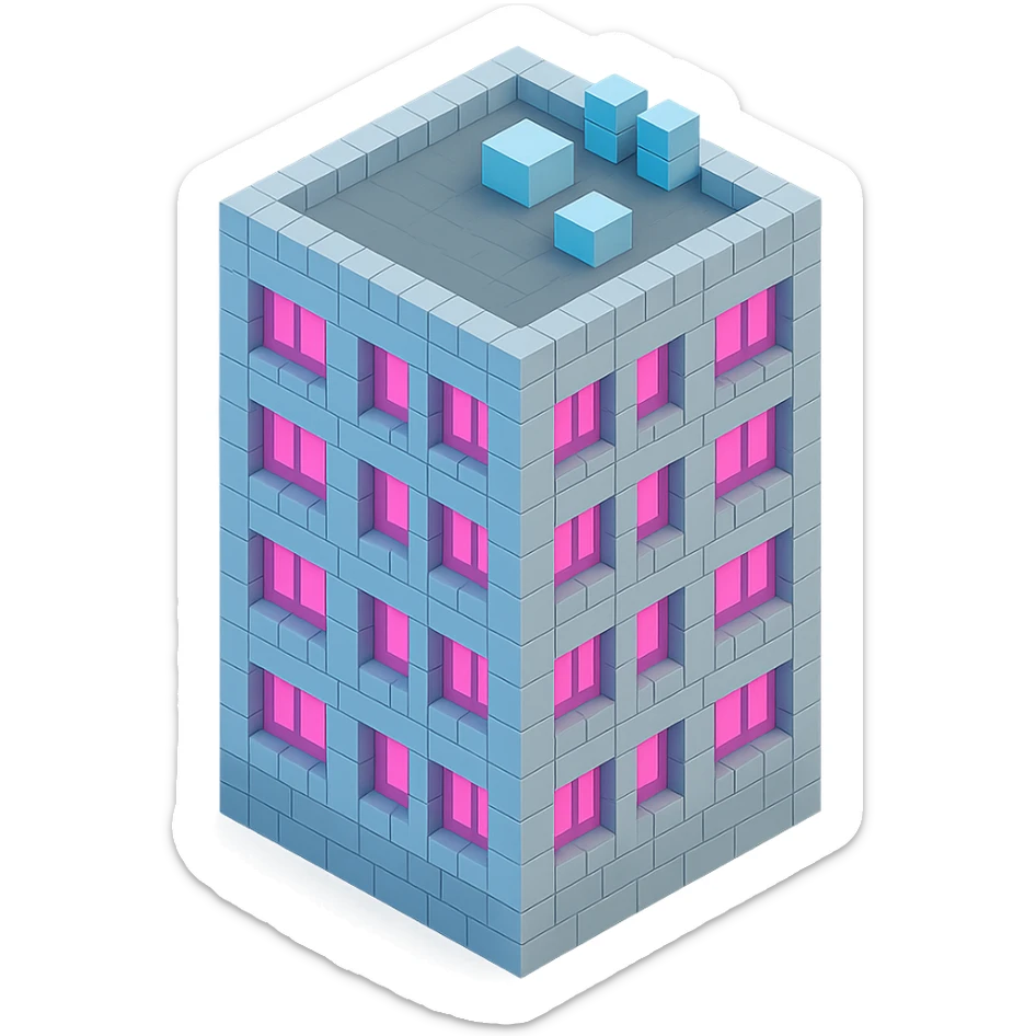 Russian panel apartment building, modern square block, light gray, windows with bright pink glow, isometric view sticker