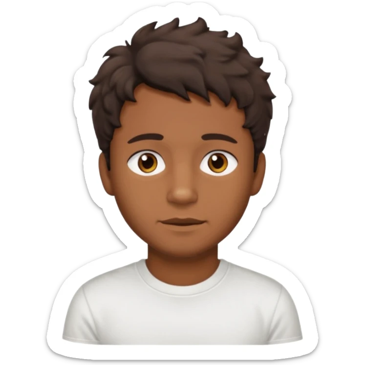 Homme brun cheveux court ondulé. Métisse. Yeux marrons très foncé. Avec t-shirt blanc avec du duvet  sticker