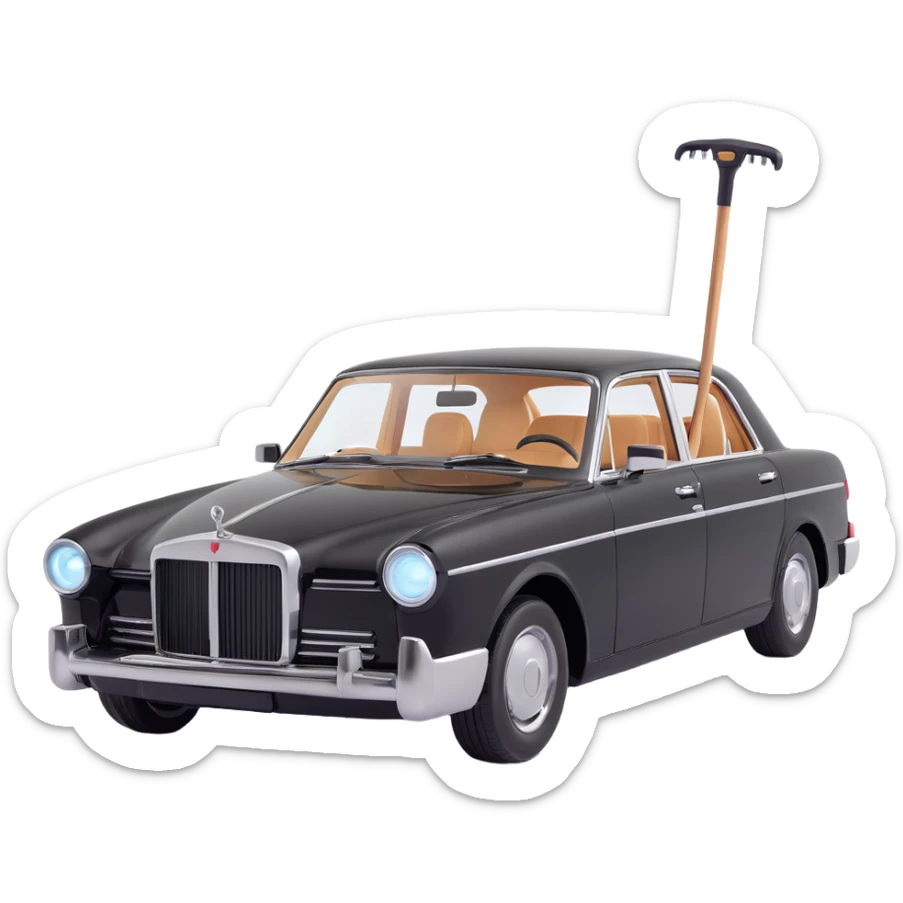 luxury black car resembling Porsche or BMW, with a hammer and a rod forming an X, floating and touching the rear right corner of the car's bodywork, a long rectangular reflection lamp illuminating the upper part of the door, elegant and modern sticker